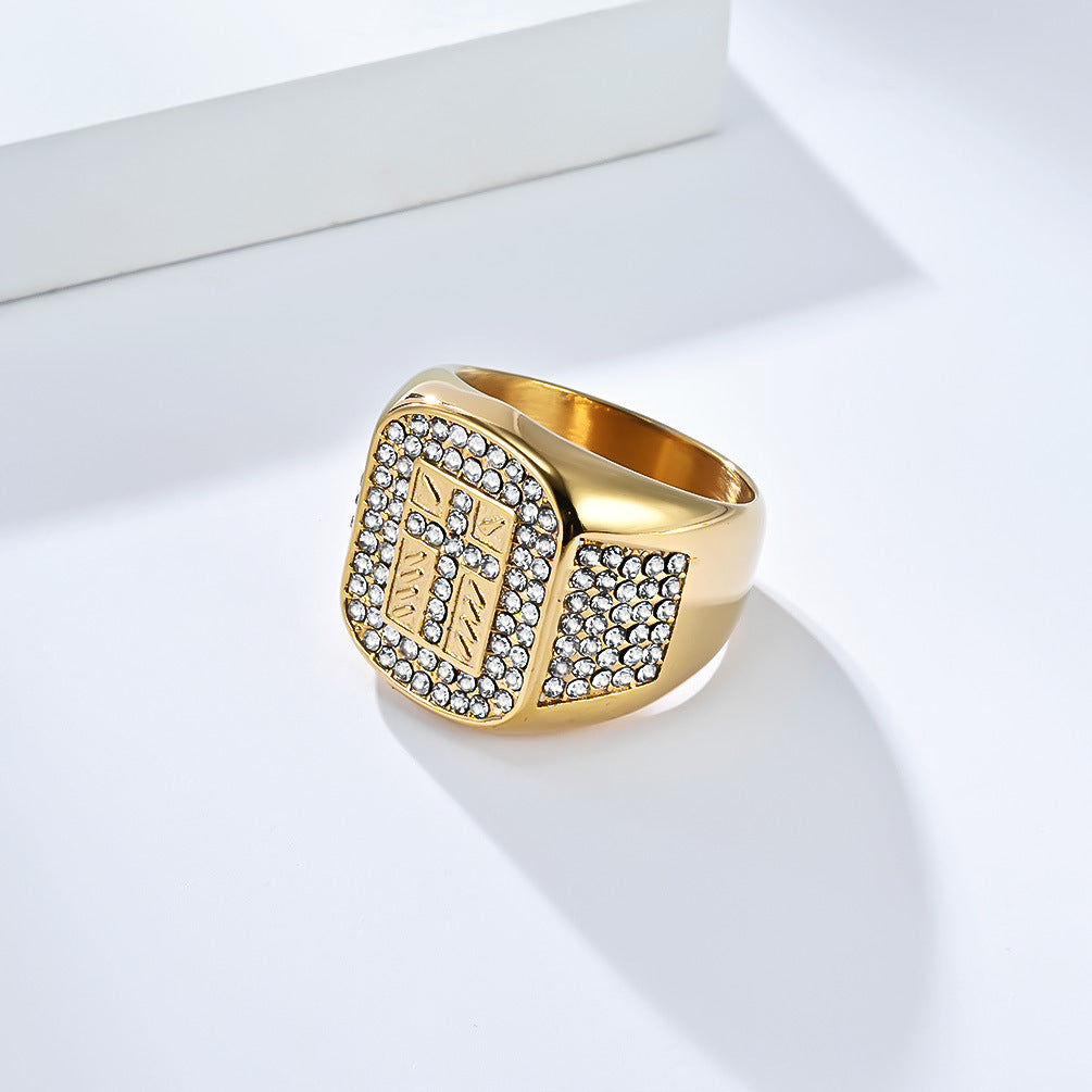 Planderful Premium Hip Hop Ring For Men With Full Zircon Cross 18K Gold Plated Stainless Steel Jewelry