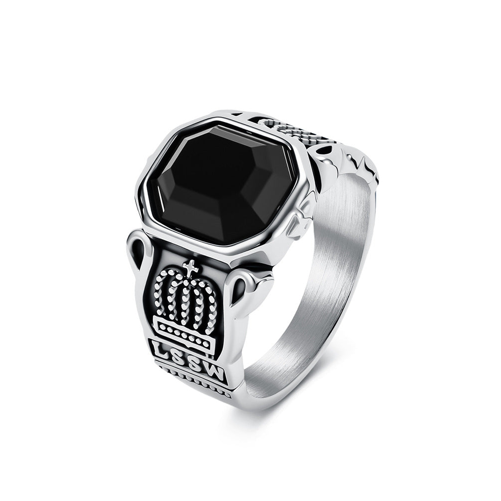 Stainless Steel Black Gemstone Crown Men's Ring