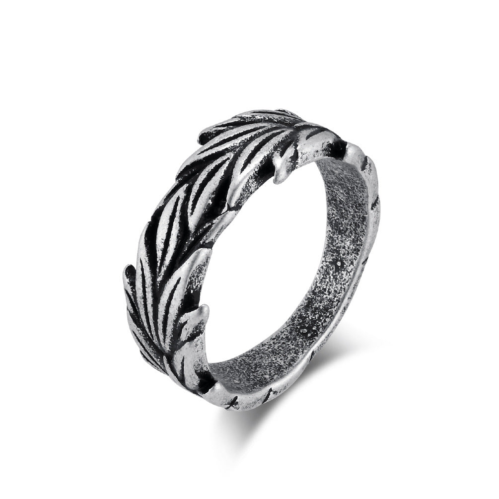 Cross-Border Retro Hemp Leaf Titanium Steel Ring for Men