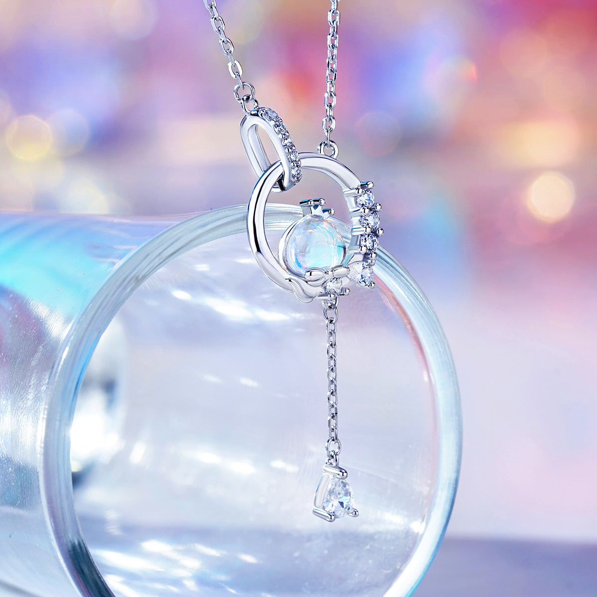 Planderful Dream Star Moonstone Necklace S925 Sterling Silver Tassel Zircon For Women Collarbone Jewelry