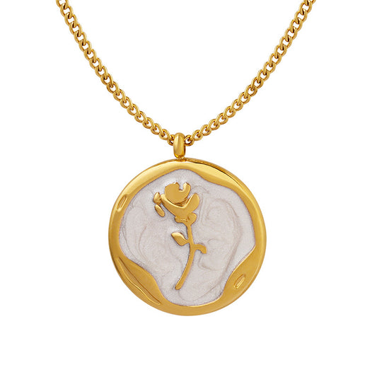 French Style Enamel Rose Pendant Necklace with Gold Plating