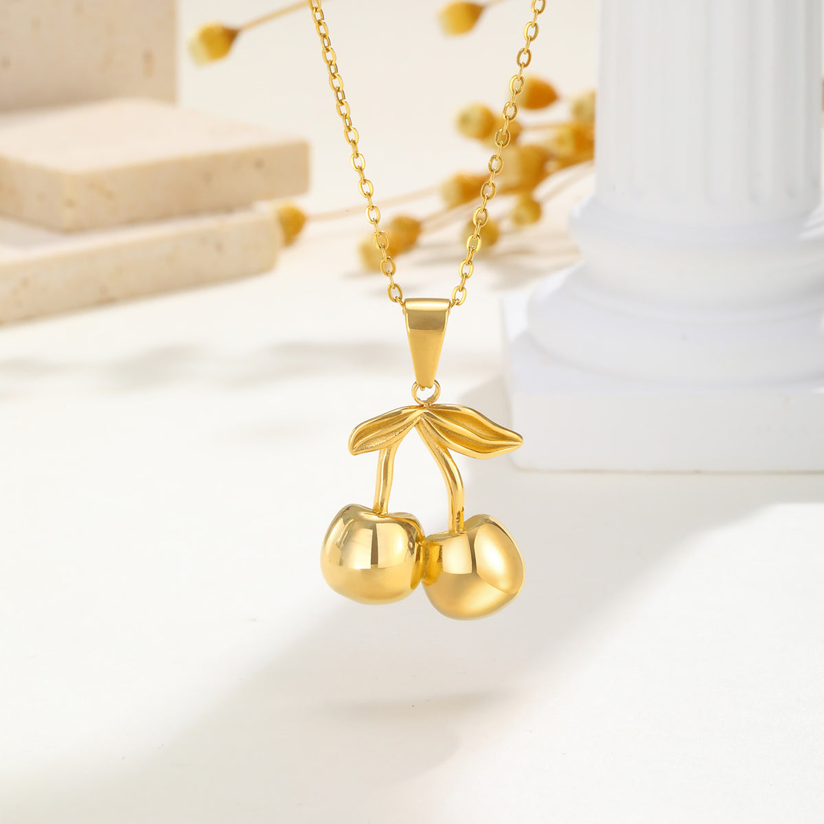 Stainless Steel Cherry Necklace Pendant Gold Wind Women's