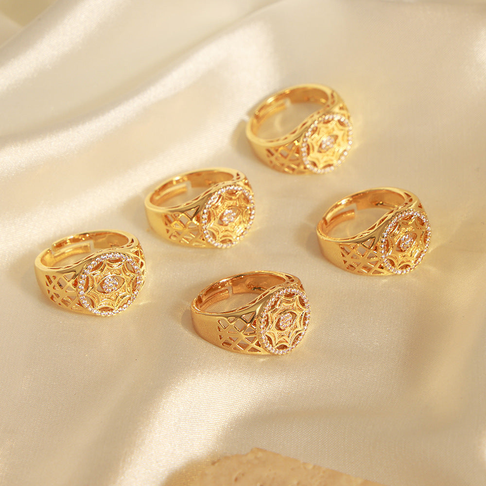 Royal Court Charm Zircon Hollow Ring - Adjustable Luxury Jewelry for Women