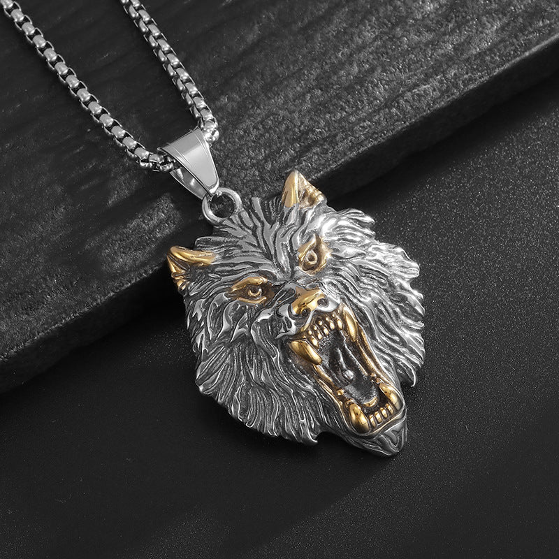 Planderful Viking Fenrir Wolf Head Pendant Necklace Stainless Steel Gold Plated Retro Polished For Norse Mythology Fans