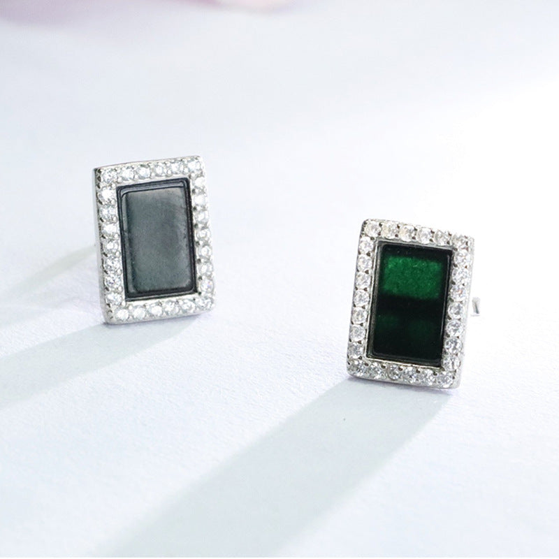 Dark Jadeite Square 925 Silver Stud Earrings