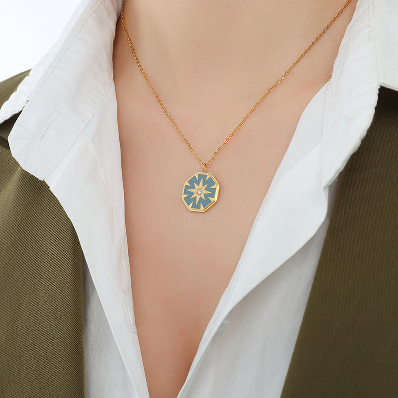 Golden French Compass Star Pendant Necklace - Retro Titanium Steel Chain