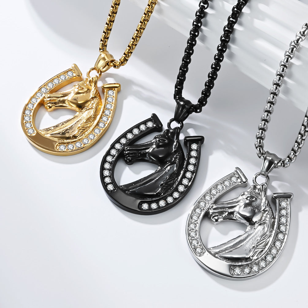 Planderful Horseshoe Zircon Necklace For Men Titanium Steel Gold Plated Horse Head Pendant Hip Hop Sweater Chain