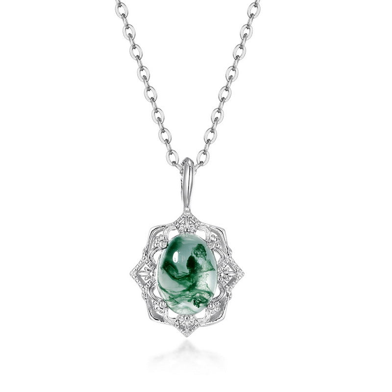 S925 Sterling Silver Moss Agate Pendant Necklace