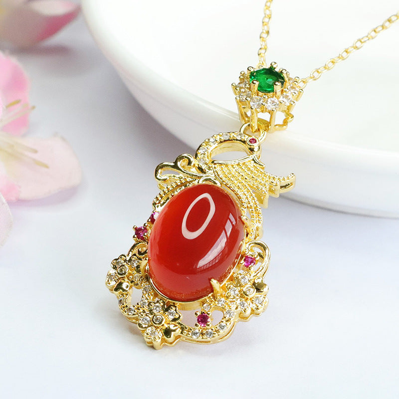 Oval Red Agate Phoenix Pendant Zircon Necklace