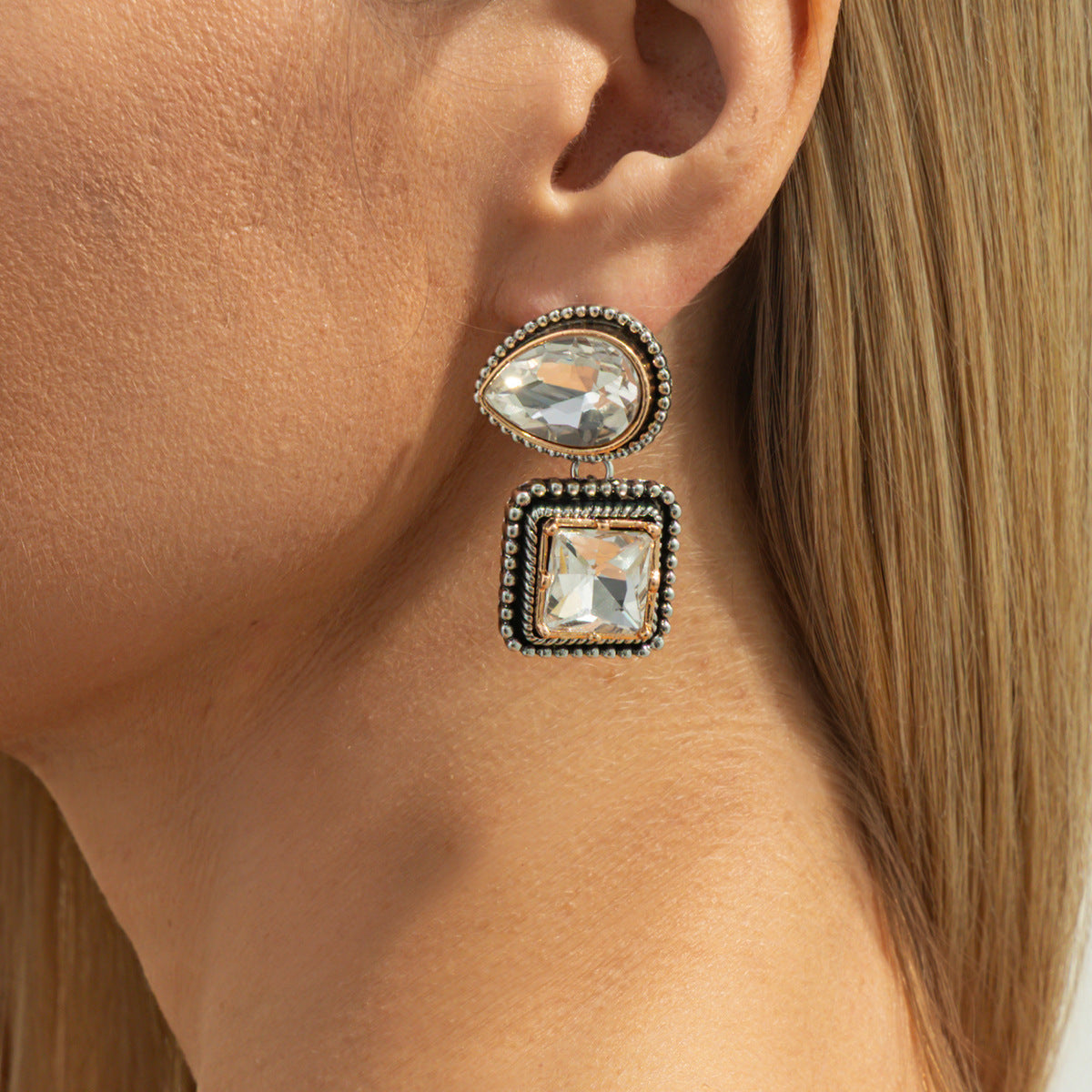 Planderful Vienna Verve Water Drop Square Zircon Stud Earrings For Women Retro Geometric Medieval French Style