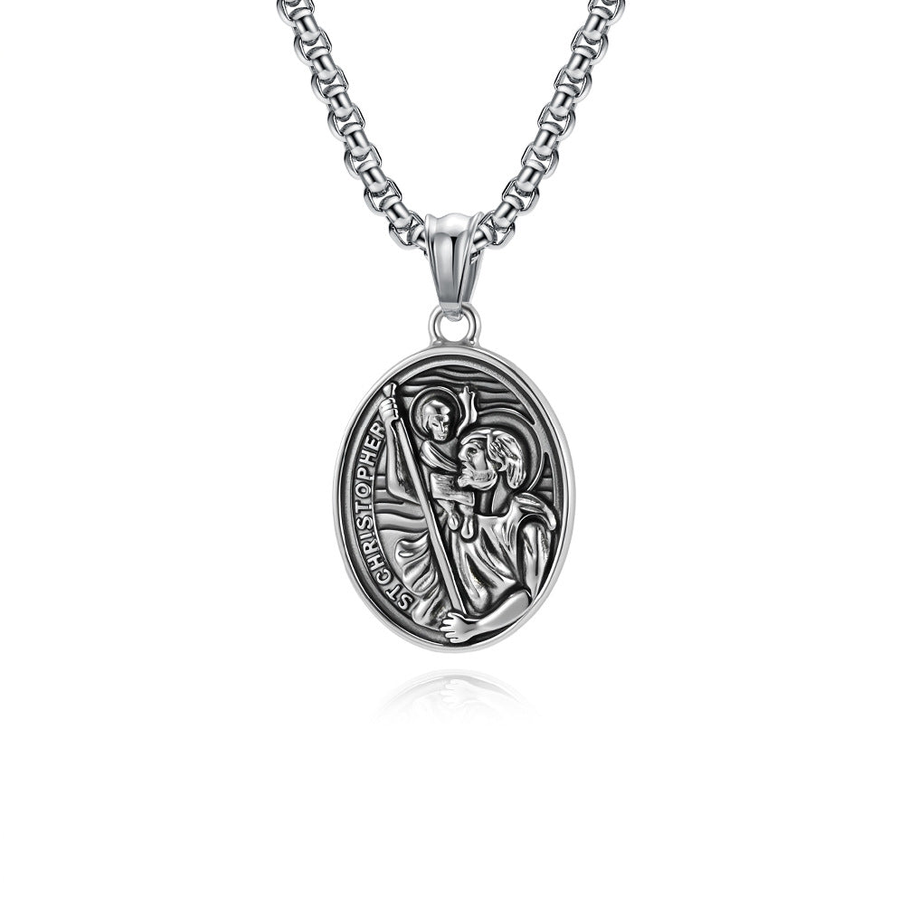 Planderful St Christopher Necklace For Men Titanium Steel Pendant Retro Literary Style Everyday Genie