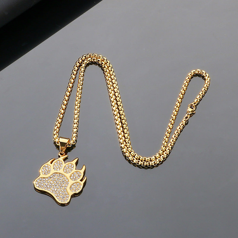 Bear Paw Pendant, Hip-Hop Three-Dimensional Double-Layer Cross Inlaid With Zircon Pendant, Titanium Steel Necklace