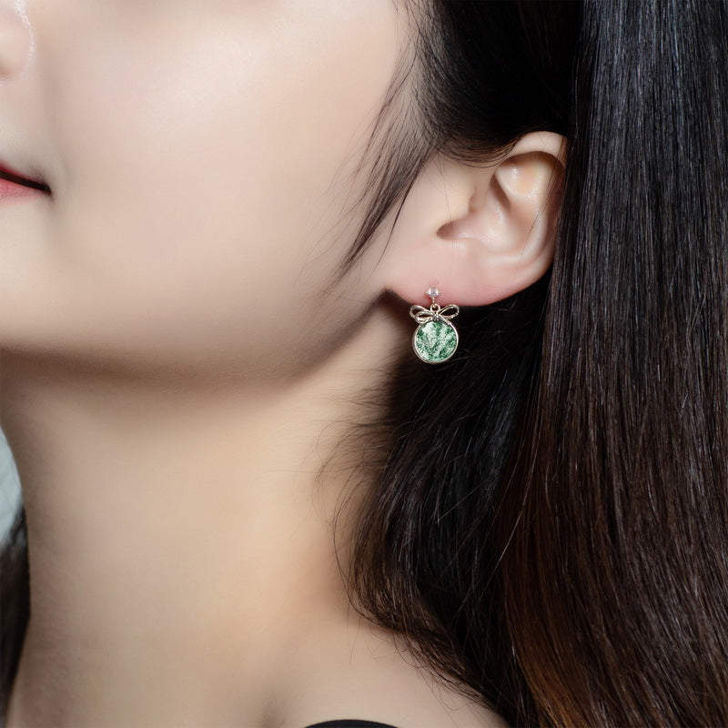 S925 Sterling Silver Moss Agate Bow Stud Earrings