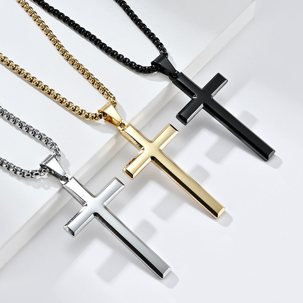 Planderful Titanium Steel Cross Necklace Unisex Hipster Minimalist Pendant For Everyday Style Beveled Edge