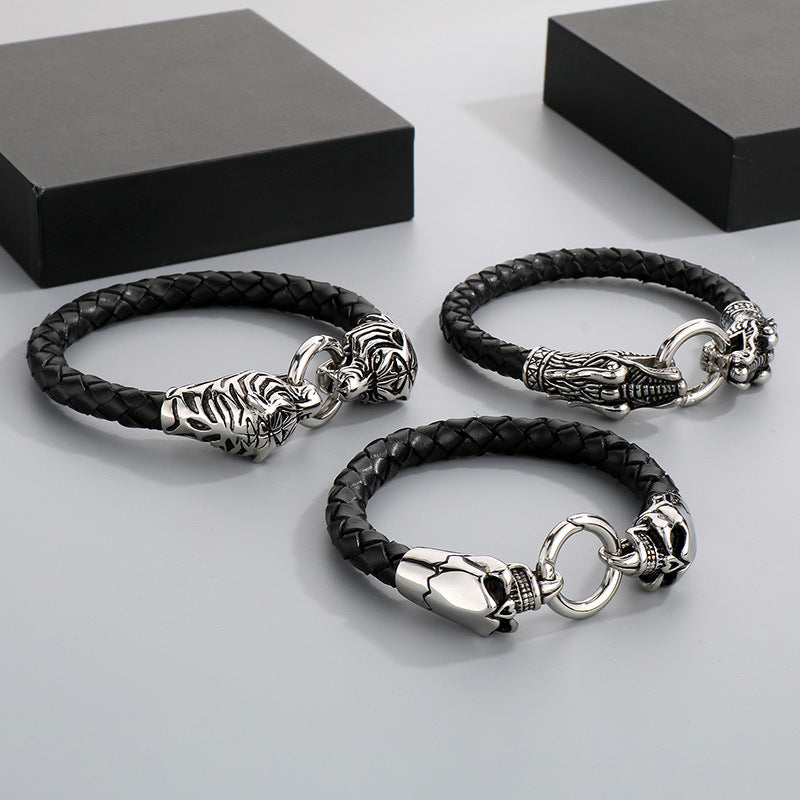 Antique Zodiac Leather Rope Bracelet – Leader Tiger Head Anchor Titanium Steel Men's Leather