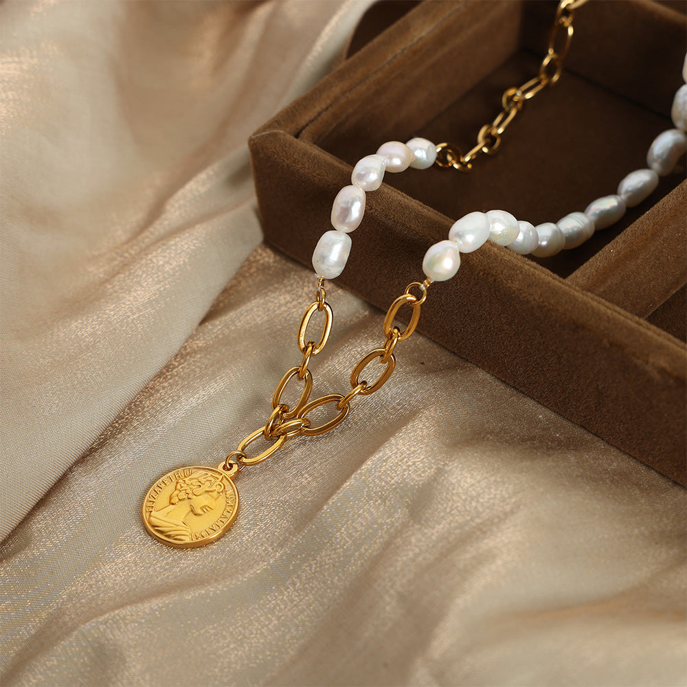 Elegant Gold-Plated Pearl Necklace with Titanium Steel Pendant