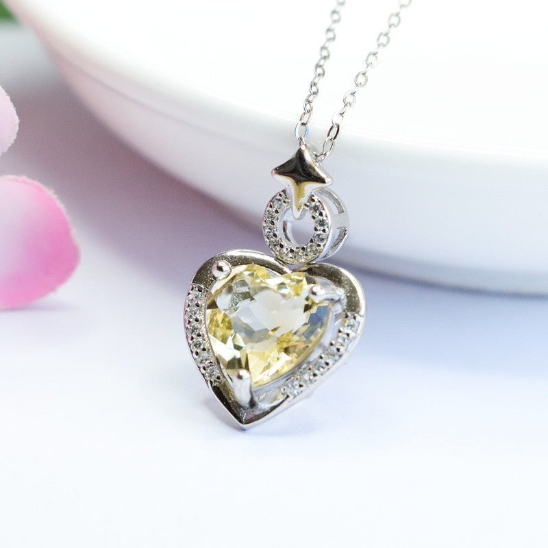 Citrine Heart & Star Silver Pendant — No Chain