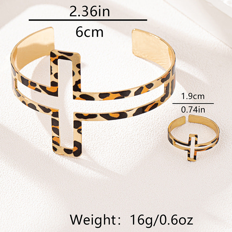 Leopard Print Metal Bracelet Ring Set for Stylish Women