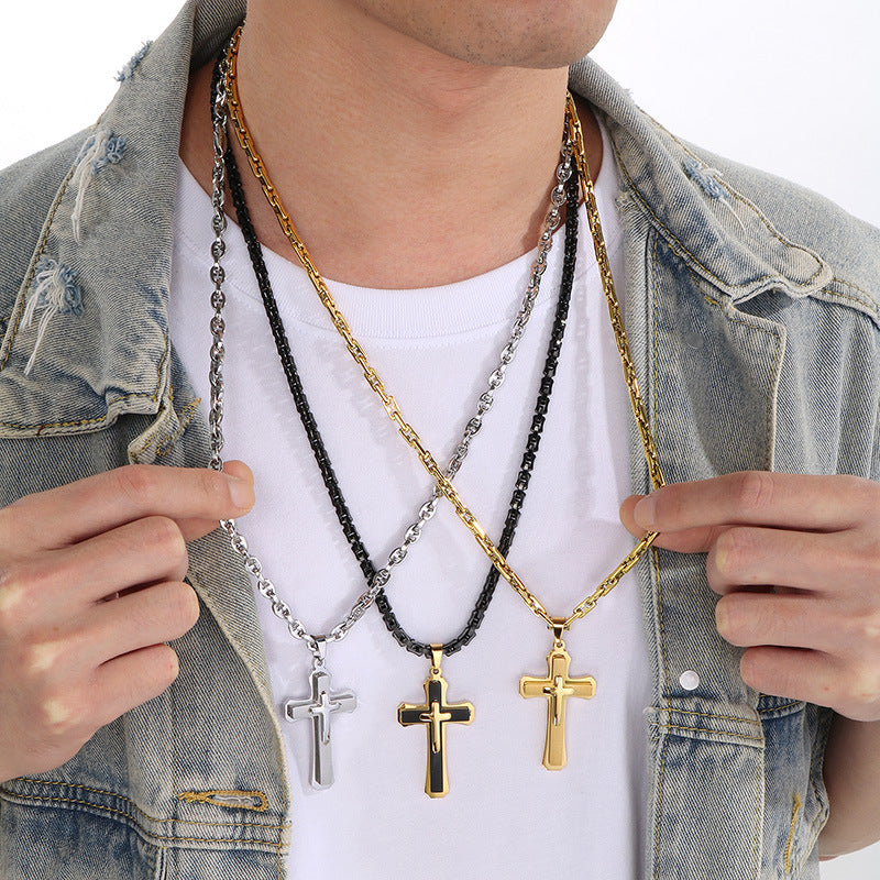 Planderful Men Cross Necklace Bamboo ThreeLayer Titanium