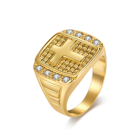 Planderful Cross Titanium Steel Ring For Men With Zircon Inlay Everyday Genie Luxury Jewelry