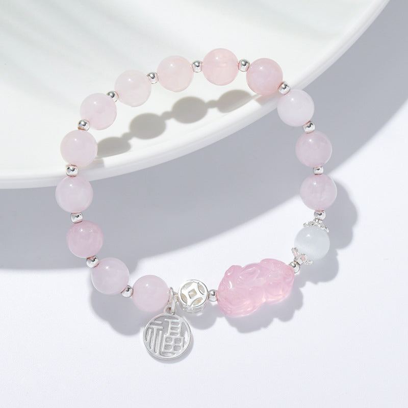 Fortune's Favor Pink Quartz Pixiu Crystal Bracelet - Sterling Silver Stacking Beaded Bracelet