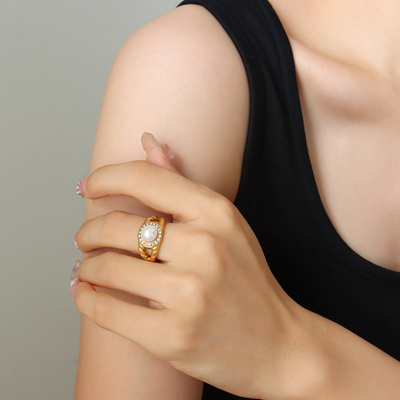 Elegant French-inspired 18K Gold Plated Ring with Freshwater Pearl and Zircon