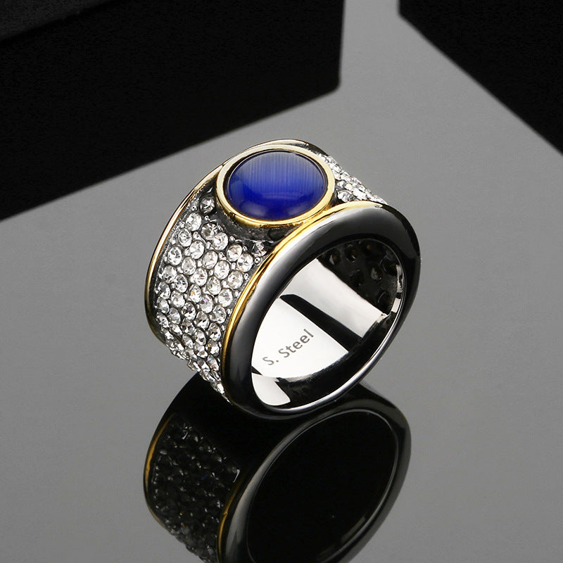 Hophip Full Zircon Jewelry, Vintage French Luxury Zircon Sapphire Titanium Steel Men's Ring