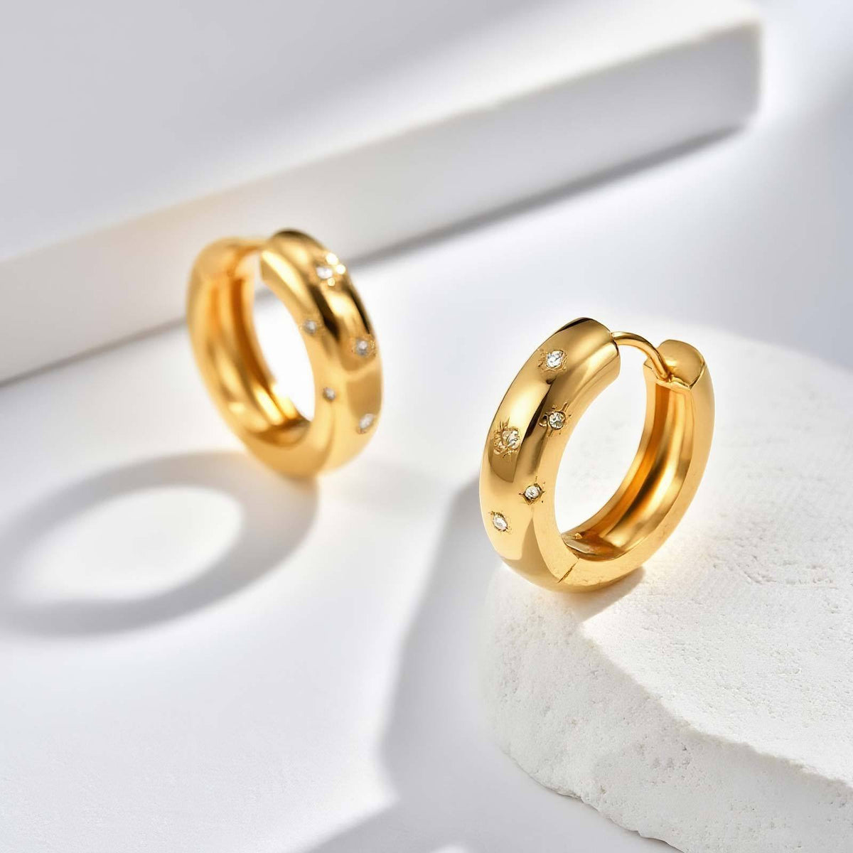Crystal Starburst Chunky Hoop Earrings — Gold Pair