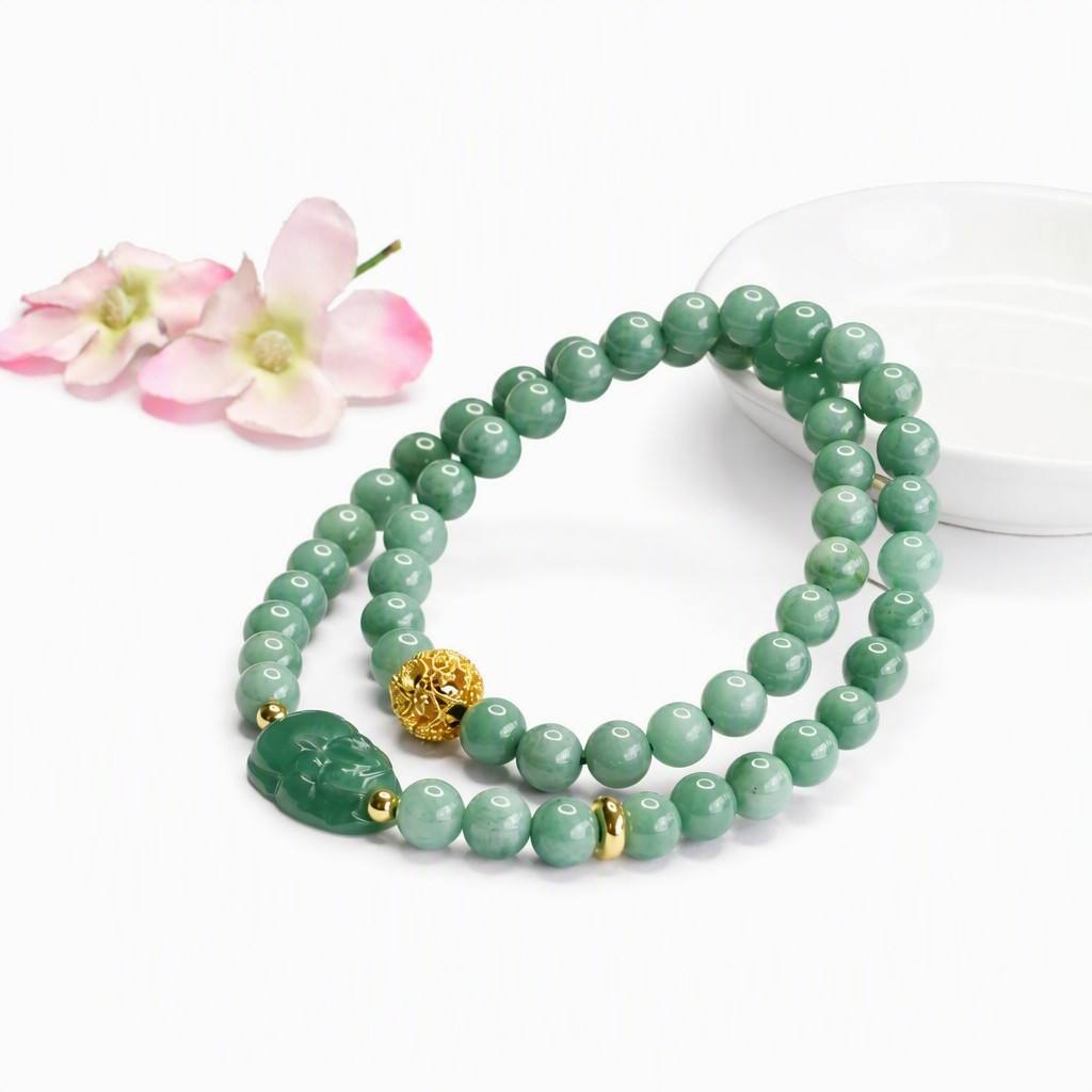 Blue Water Jadeite Pixiu & Double-Wrap Beaded Bracelet