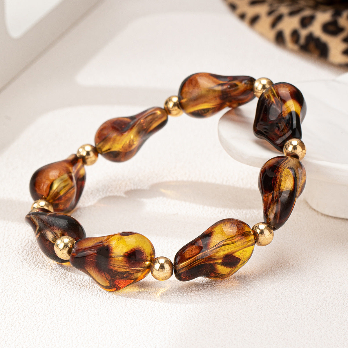 Retro Leopard Print Beaded Bracelet for Women by Planderful