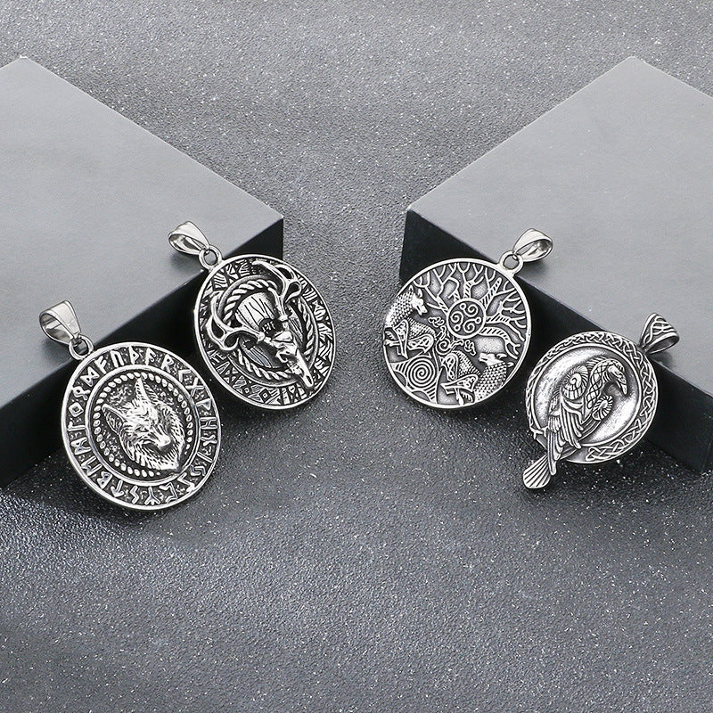 Viking Mythology World Tree Double Wolf Disc Pendant, Nordic Luhn Rune Crow Deer Necklace