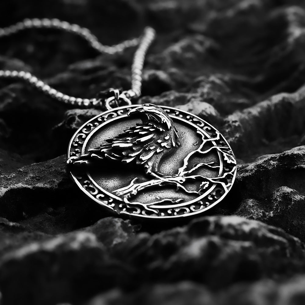 Nordic Vintage Men's Jewelry Stainless Steel Raven Runavin Pendant Necklace