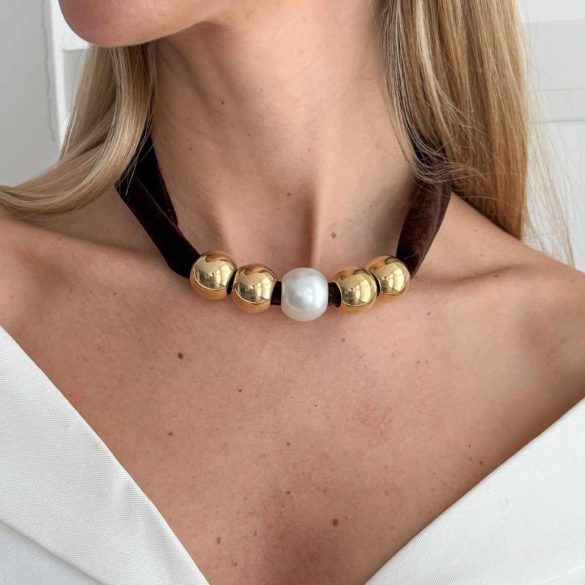 Knotted Fabric Pearl Bead Necklace