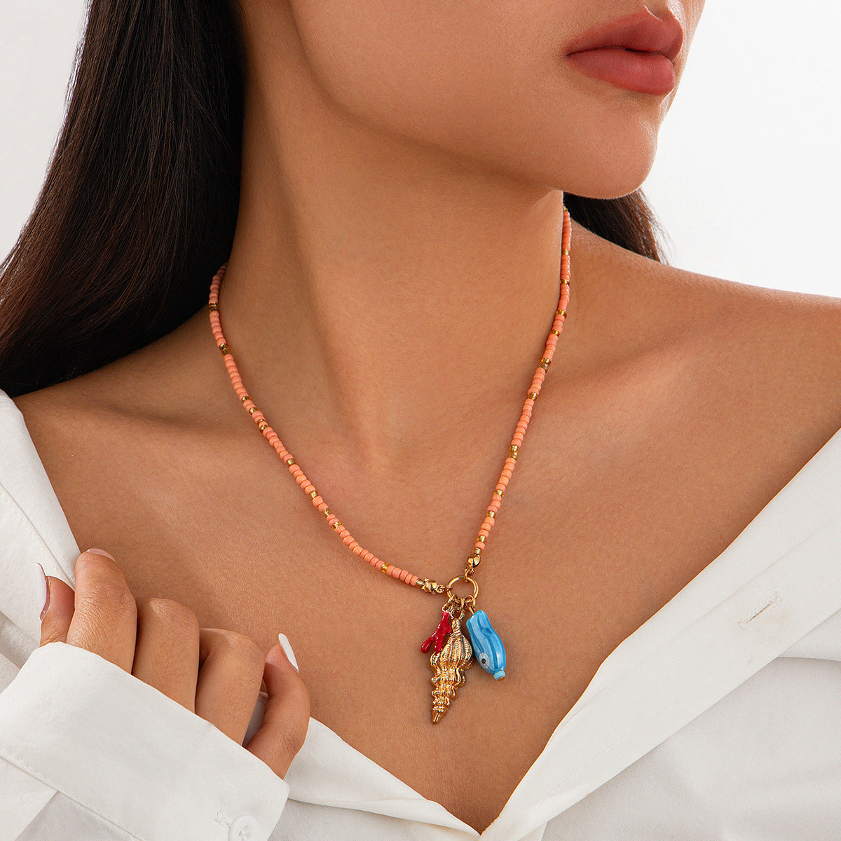 Conch, Fish & Eye Coastal Bead Necklace