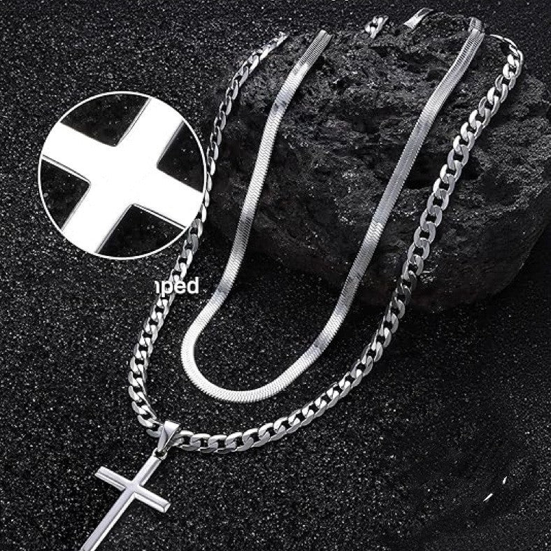 1. Planderful Cross Pendant Necklace Titanium Steel For Men Cuban Chain Double Layer Hip Hop Style Gift