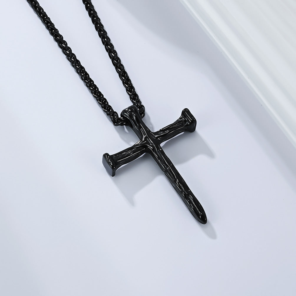Planderful Titanium Steel Cross Necklace For Men With Wood Grain Imitation Retro Durable Stainless Pendant
