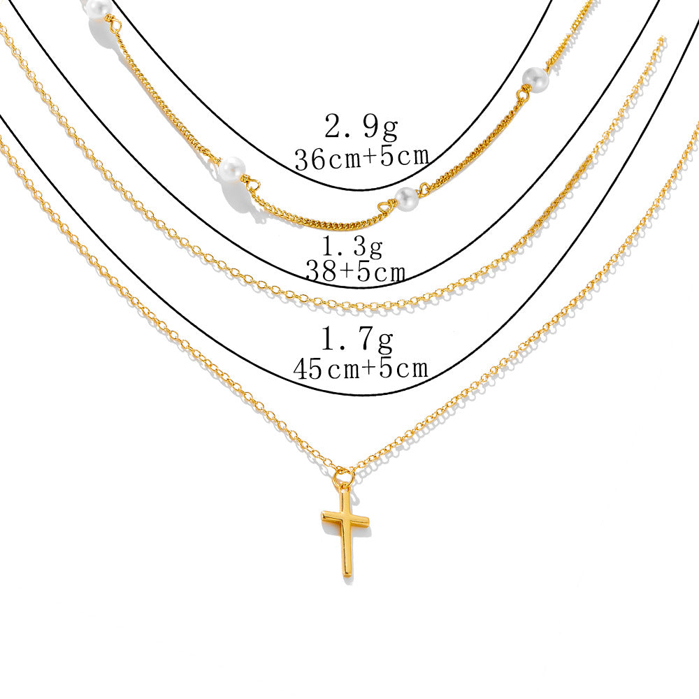 Retro Pearl Cross Pendant Sterling Silver Necklace Layered Stacked
