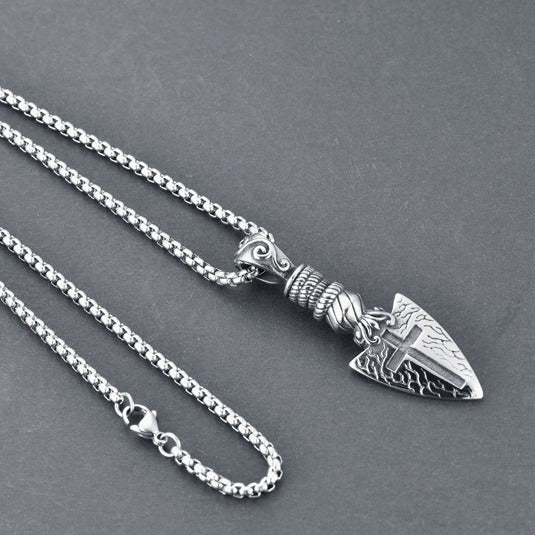 Steel Necklace - Statement Cross Blade Spear Of Destiny Pendant For Hip Hop Style And Everyday Wear