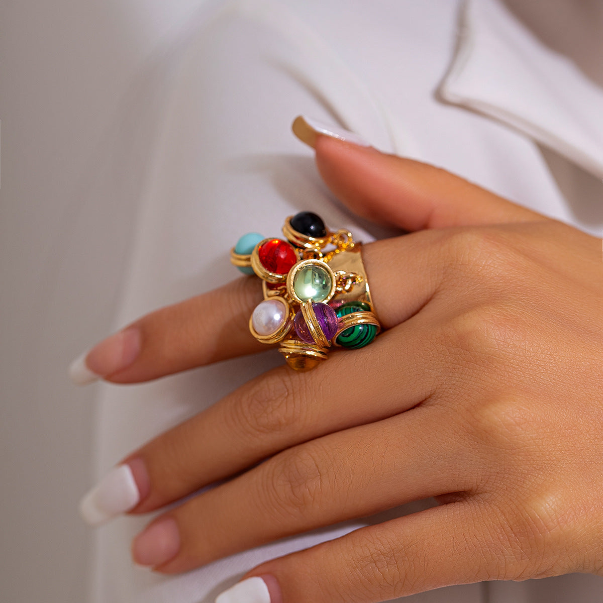 Planderful Boho Pearl Fringe Ring For Women Turquoise Accent Statement Jewelry Vienna Verve