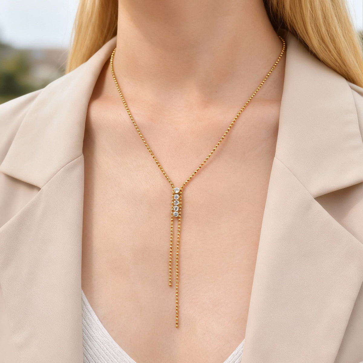 Stainless Steel Cold Wind Tassel Wave Bead Zircon Y-Shaped Necklace Gold