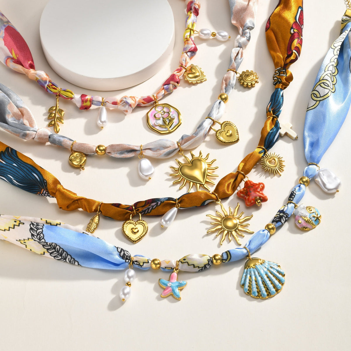 European – American Bohemian Stainless Steel Imitation Pearl Sunflower Printing Silk Necklace
