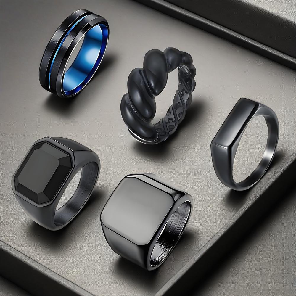 Planderful Mens Titanium Steel Zircon Ring Sleek Black