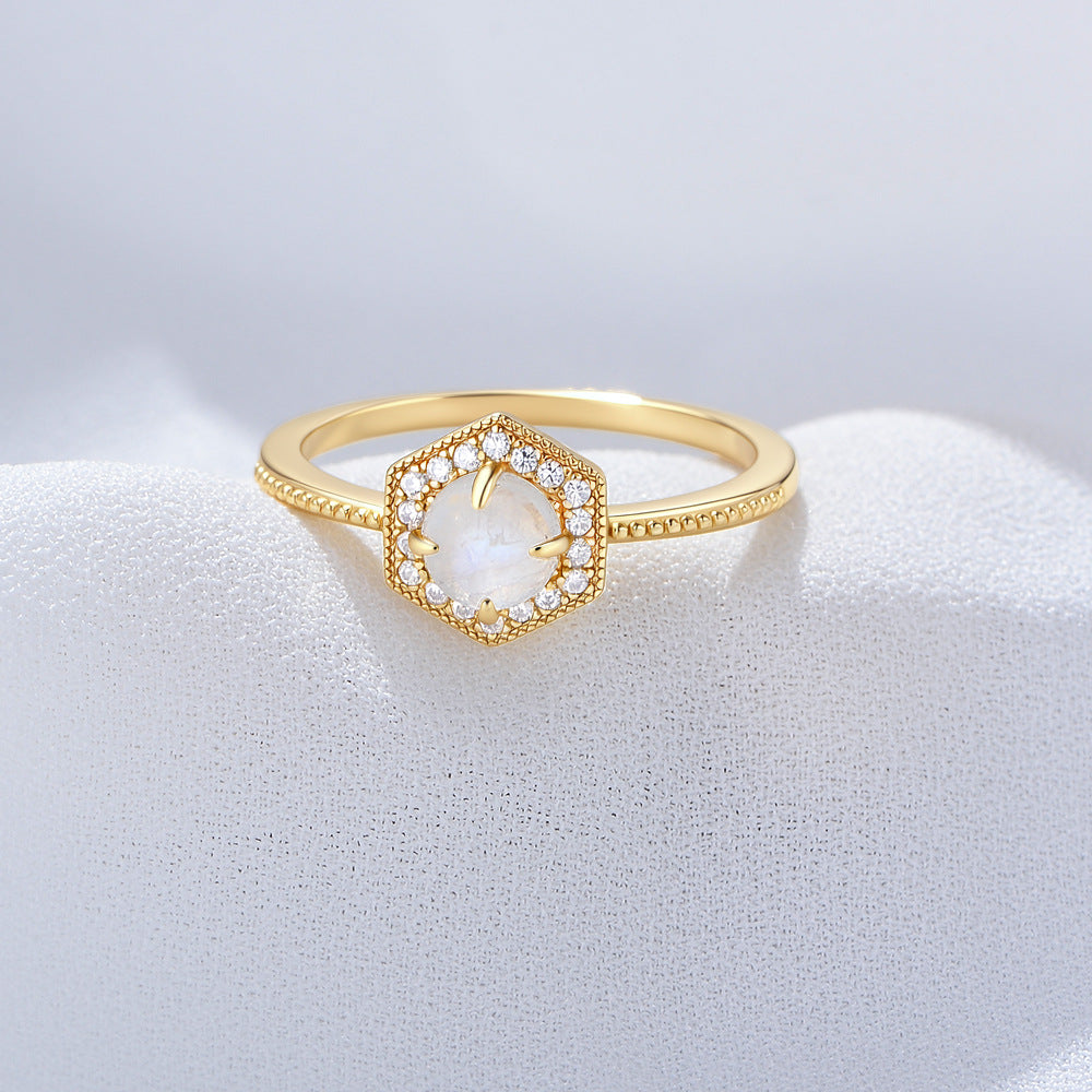 S925 Sterling Silver Geometric Hexagonal Natural Moonstone Ring