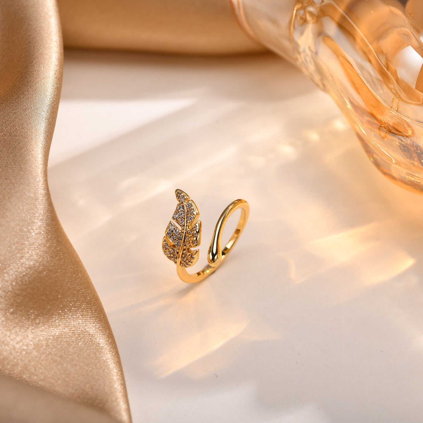 Ladies Gold Copper Zircon Quadrangram Water Drop Leaf Open Ring Jewelry