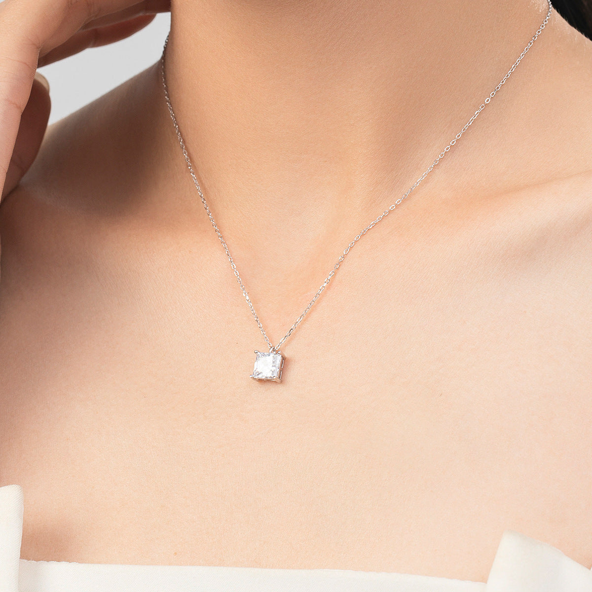 Square Zircon Sterling Silver Necklace - Elegant European and American Style