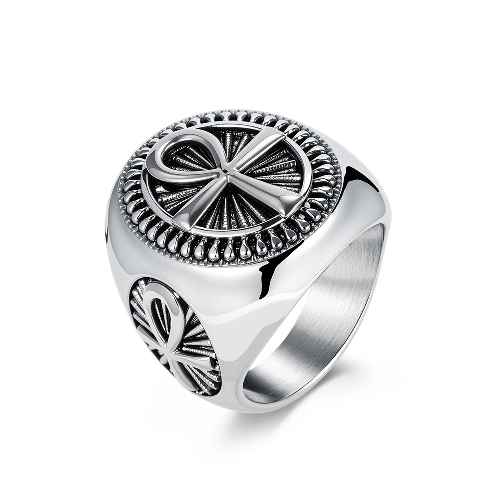 Planderful Men's Stainless Steel Geometric Ring Ankh Cross Retro Egypt Inspired Fashion Jewelry