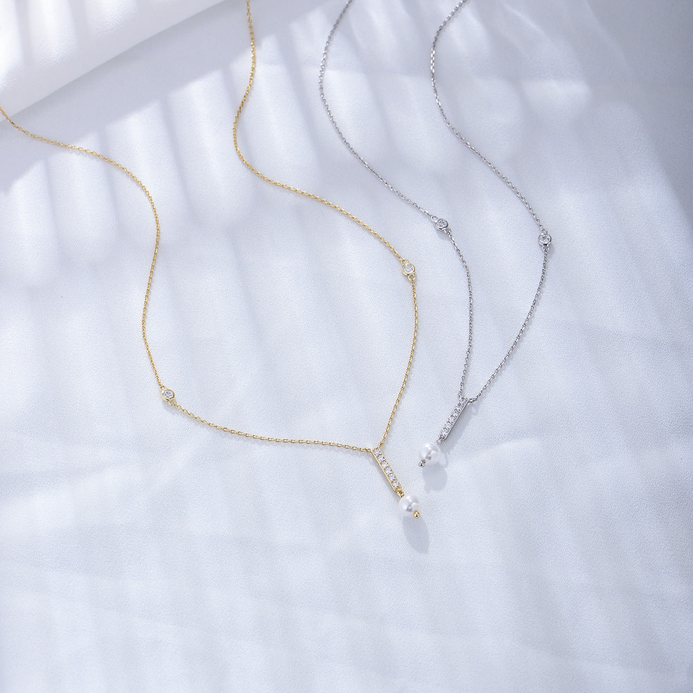 Style Geometric Fringed Pearl Necklace Sense S925 Sterling Silver Zircon