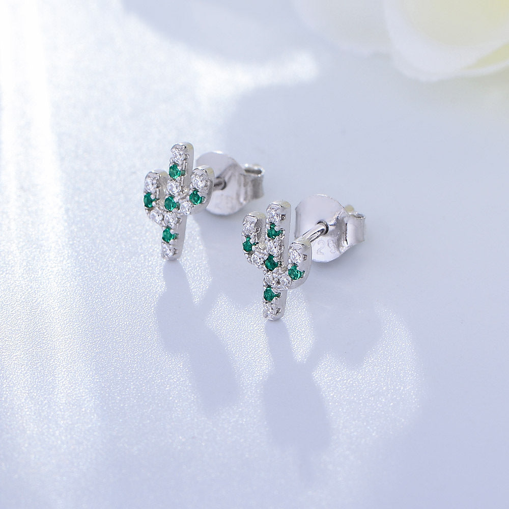 S925 Silver Plant Cactus Micro-Inlaid Zircon Small Stud Earrings Japan And Korea Sweet
