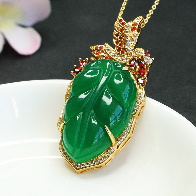 Leaf Pendant Necklace with Green Chalcedony and Zircon Accents