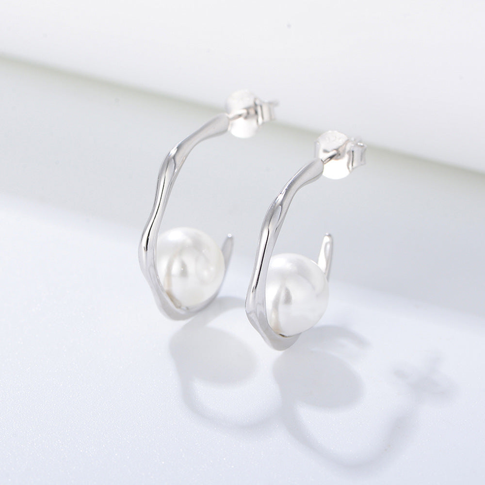 Geometric C-Shaped Shell Bead Silver Stud Earrings S925 Sterling Silver Pearl Earrings